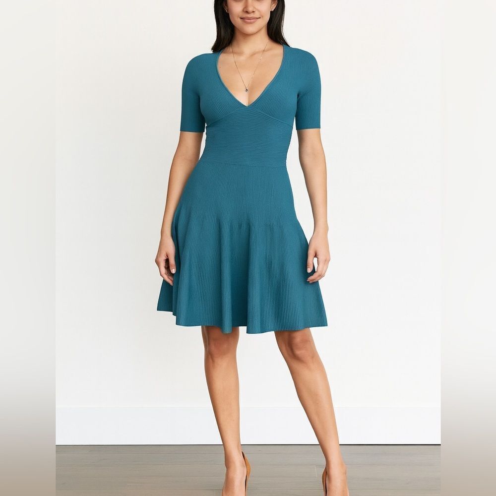 Issa London Teal Blue Rib Knit V-Neck Plunge Bandage Flared Skirt Dress M